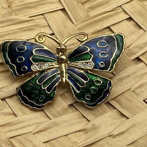 Vintage Butterfly Brooch Pin Goldtone Green Blue Enamel Rhinestone‎ Boho Fairy